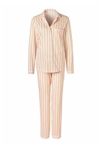 Striped pajama set in light pink with blue and purple vertical stripes. Includes long-sleeve button-up top and matching pants. Soft fabric.