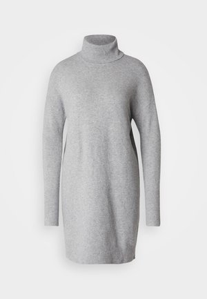 Light grey knitted turtleneck dress with long sleeves, ribbed cuffs, and a relaxed fit. Soft texture and mid-thigh length.