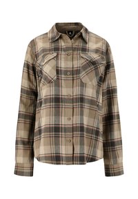 Polohemde in bruin en beige ruitpatroon, gemaakt van zachte stof. Beschikt over twee borstzakken, lange mouwen en een klassiek kraagontwerp.