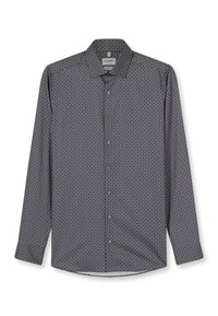 Long-sleeve shirt in dark fabric featuring a geometric pattern of small circles in white and beige. Classic collar with button closure.