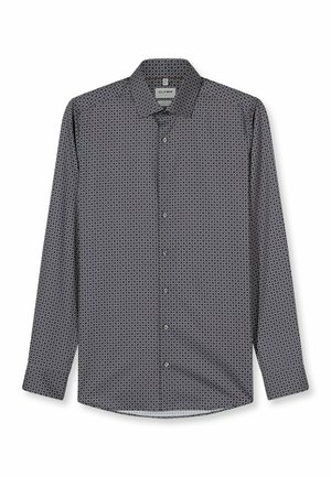 Long-sleeve shirt in dark fabric featuring a geometric pattern of small circles in white and beige. Classic collar with button closure.