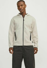 Veste zippée gris clair avec capuche, zips noirs et poches latérales ; présente une texture lisse et une coupe ajustée.