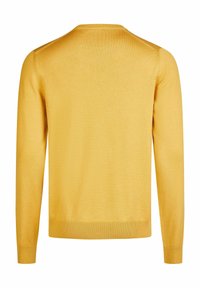 Gelber Pullover aus weichem Strickstoff, mit Rundhalsausschnitt, langen Ärmeln sowie gerippten Abschlüssen und Saum. Schlicht ohne Muster.