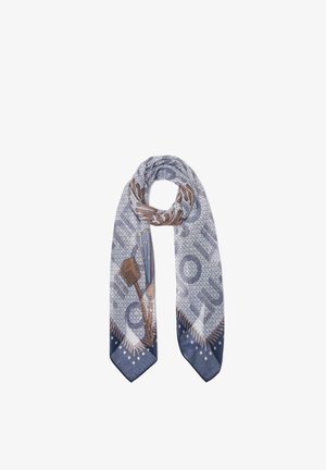 Sciarpa azzurro chiaro con bordi blu scuro, design floreali astratti beige e ventagli, e sottili motivi a puntini, annodata leggermente al centro.