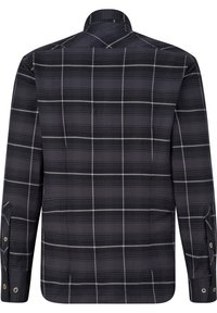 Chemise à manches longues à carreaux noirs et blancs avec col boutonné et boutons aux poignets, présentant une texture de tissu lisse.