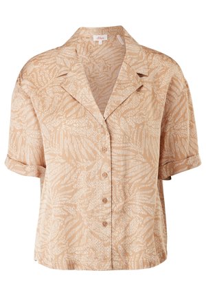 Chemise beige à manches courtes boutonnée, avec motif abstrait de feuilles blanches, poignets remontés, col et tissu léger.