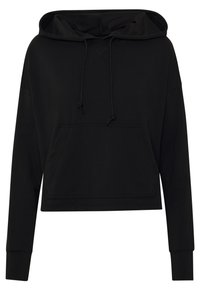 Schwarzer, kurzer Hoodie aus weichem Material mit einer Kapuze mit Kordelzug, einer vorderen Kängurutasche und langen Ärmeln mit gerippten Bündchen.