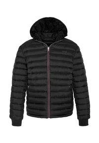 Schwarze Pufferjacke mit Kapuze, mit gesteppten Details, Frontreißverschluss und Rippbündchen. Abgerundet mit einem kontrastierenden Reißverschluss.