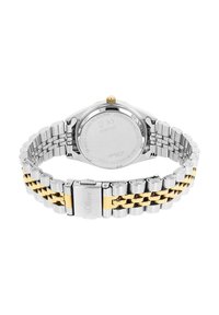 Silber- und goldfarbene Edelstahl-Uhr mit einem zweiseitigen Armband, rundem Gehäuse und Krone auf der 3-Uhr-Position; verfügt über eine glänzende Textur.