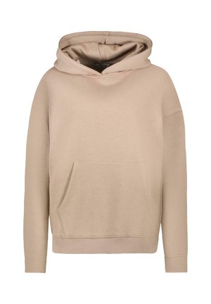 Beige hoodie van zacht materiaal, met een voorzak, geribde boorden en een capuchon met trekkoord, met een relaxed fit ontwerp.