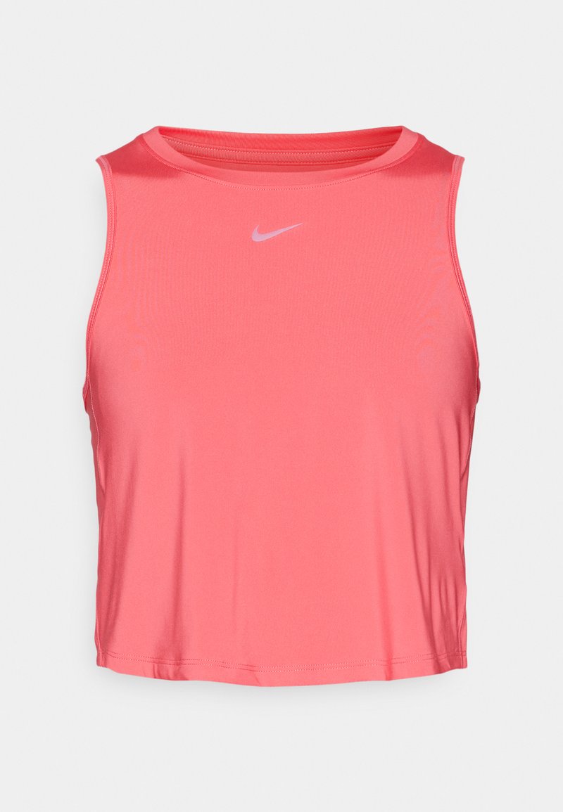 Top corto sin mangas de color rosa hecho de una tela suave. Cuenta con un cuello redondo y un pequeño logo blanco de Nike en el pecho.