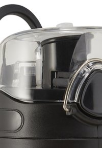Elettrodomestico da cucina nero con coperchio trasparente, dotato di manico argento, superficie liscia e forma arrotondata, progettato per un uso semplice.
