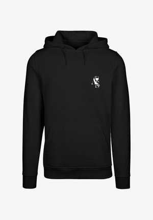 Black pullover hoodie with a front pocket, drawstring hood, and a white graphic logo on the chest. Made of soft fabric.