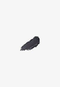 Black eyeshadow swatch with a shimmery finish. The texture is smooth with a slightly uneven edge. Overall shape is elongated and tapered.