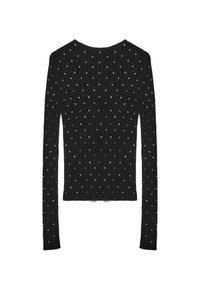 Maglione nero a maniche lunghe con una texture a costine, decorato con strass bianchi sparsi. Scollo rotondo con una vestibilità aderente.