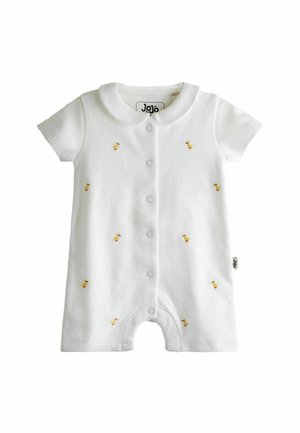 Fehér rövid ujjú babaruházat patentokkal az elején, apró sárga kacsás hímzéssel és lekerekített gallérral.