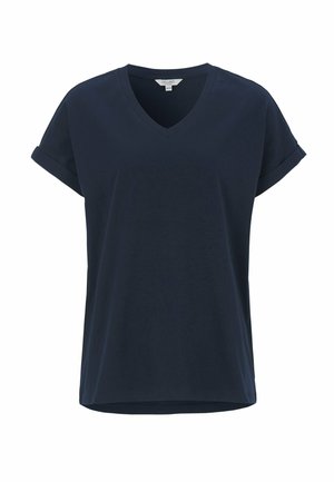 Donkerblauw dames T-shirt met korte mouwen, V-hals, opgerolde manchetten en een losse pasvorm.