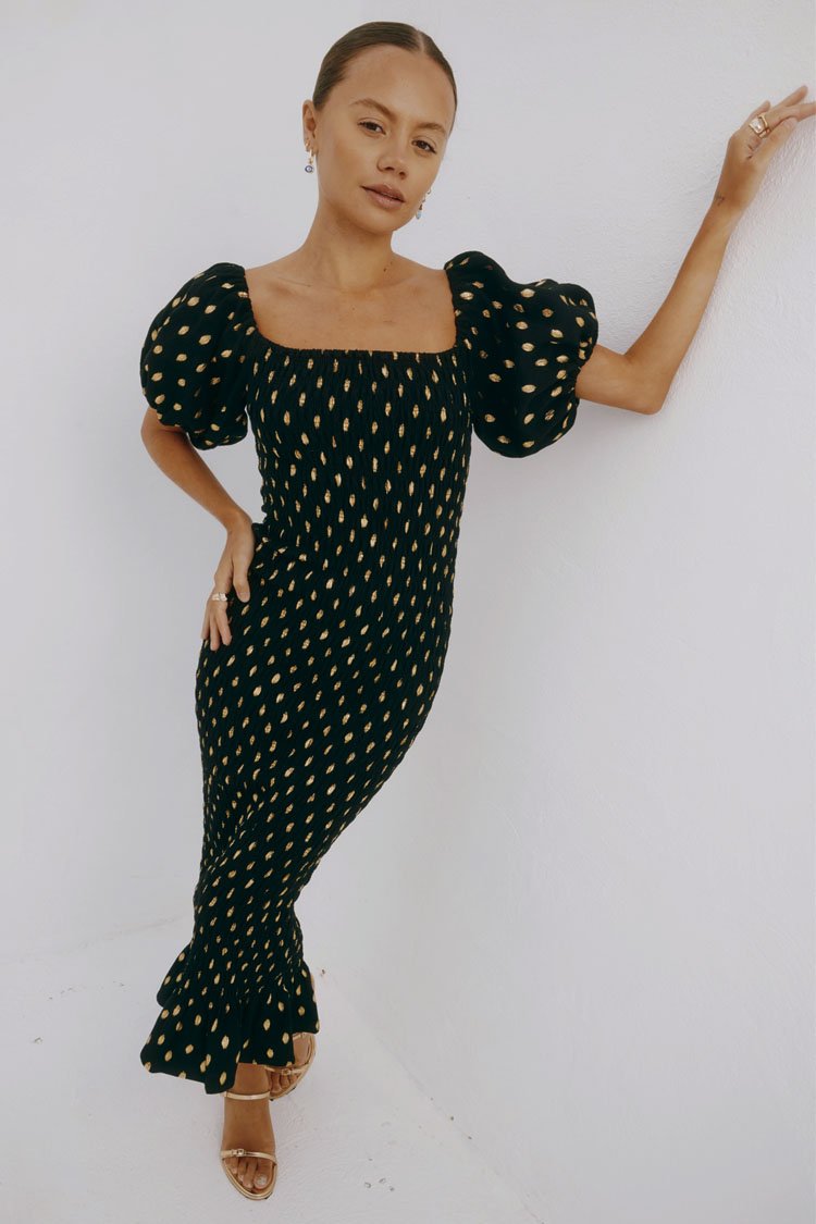 black jojo dress with gold fleck 7636 – Jasz Couture