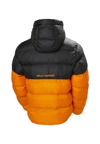 Schwarze und orange Helly Hansen Steppjacke mit Kapuze, Rückenansicht, mit dem Markenlogo auf dem oberen Rücken.