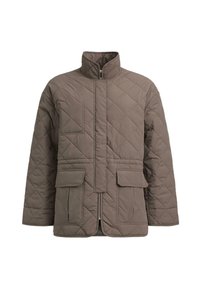 Quilted jacket in olive green, featuring a high collar, central zip closure, and front pockets with flaps. Smooth, soft exterior texture.