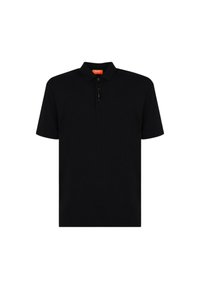 Polo shirt nero realizzato in tessuto con una texture liscia, dotato di una chiusura a tre bottoni e di un design del colletto classico.