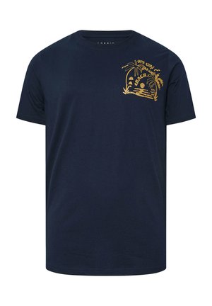 Marineblaue T-Shirt mit kurzen Ärmeln, mit kleinem gelbem Palmen- und Strandmotiv sowie dem Text "Off the Beaten Beach" auf der linken Brust.