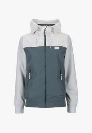 Two-tone green and off-white hooded jacket with front zipper, drawstring hood, and zippered side pockets.