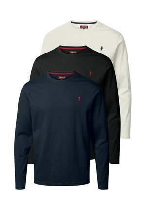 Three long-sleeve shirts in navy, black, and white. Cotton material with crew necklines and a small embroidered logo on each chest.