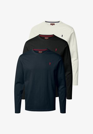Drei Langarmshirts in Navy, Schwarz und Weiß. Aus Baumwollmaterial mit Rundhalsausschnitten und einem kleinen gestickten Logo auf jeder Brust.