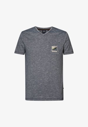 Gray, short-sleeve T-shirt with a V-neck and a textured fabric. Features a left chest pocket with a colorful printed design.