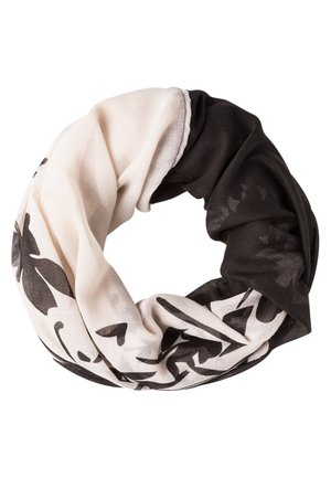 Jasnobeżowy i czarny szal-komin z abstrakcyjnymi czarnymi kwiatowymi wzorami, przedstawiony skręcony w kształt koła na białym tle.