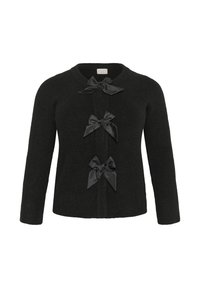 Schwarze Strickjacke mit rundem Ausschnitt, die vorne mit drei Stoffschleifen als Verschlüsse versehen ist. Lange Ärmel, weiche Textur.