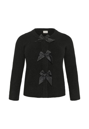 Cardigan noir en tricot avec un col rond, doté de trois nœuds en tissu comme fermetures sur le devant. Manches longues, texture douce.