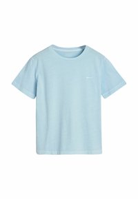 Lichtblauwe katoenen t-shirt met een ronde hals, korte mouwen en een klein logo op de voorkant. Gestructureerde stof met een gladde afwerking.