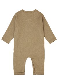 Beige ribbat baby jumpsuit med långa ärmar, rundad halsringning och tryckknappar vid grenen för enkel påklädnad. Mjuk, strukturerad tyg.