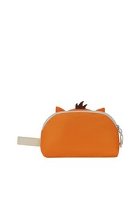 Pochette cosmetica arancione con una zip crema, dotata di ornamenti a forma di orecchie e un ciuffetto marrone sulla parte superiore. Include una tracolla laterale.