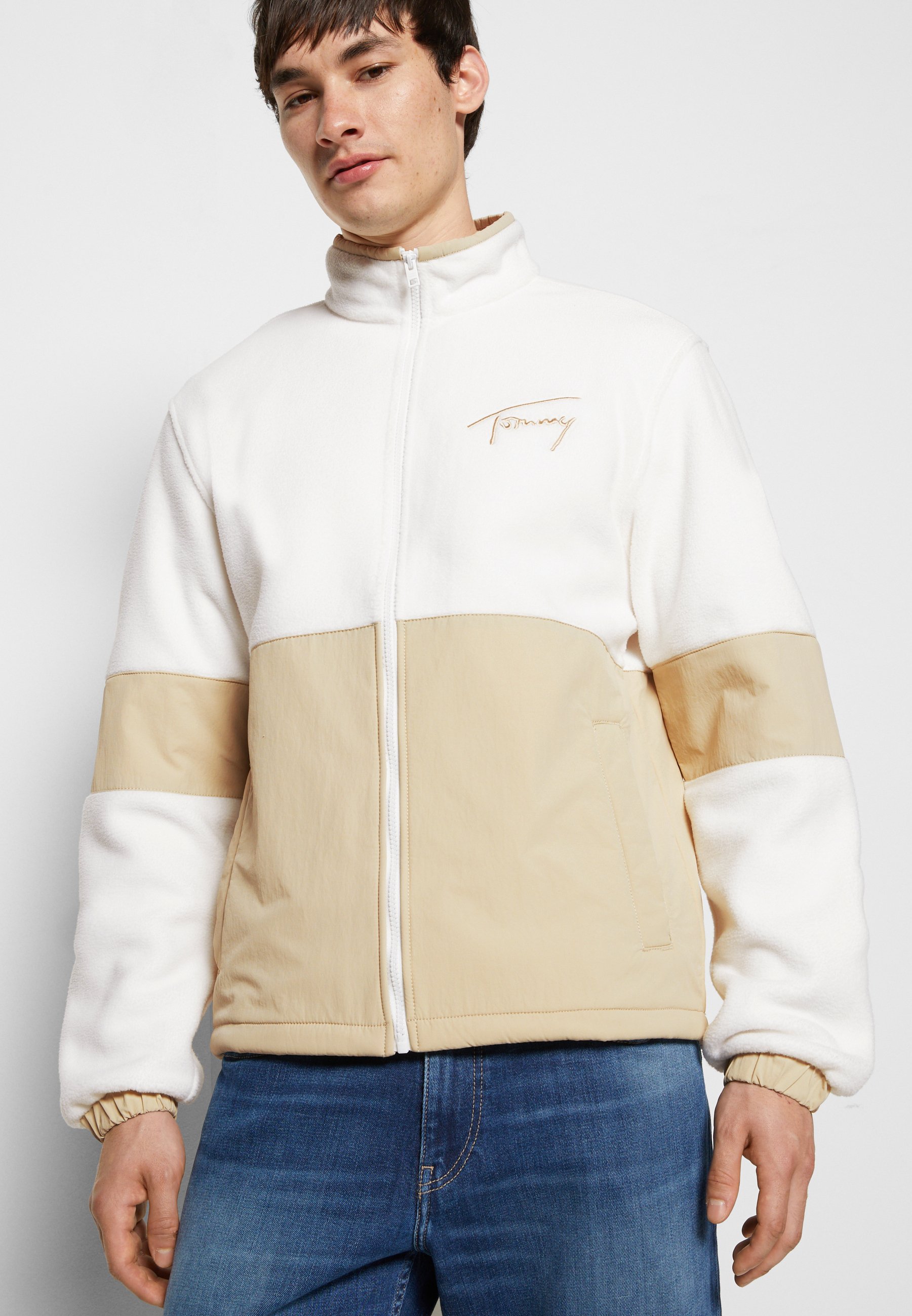 Tommy Jeans Signature Mix Media Retro Zip Through Sweatshirt Colour: YBH Ancient White, Size: L
