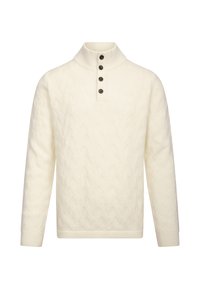 Kremhvit kabelstrikket genser med høy hals og fire mørke knapper langs knappeåpningen. Har ribbestrikkede mansjetter og kant.