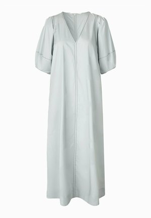 Light grey dress made of smooth fabric, featuring a V-neck, puffed short sleeves, and central seam detailing.
