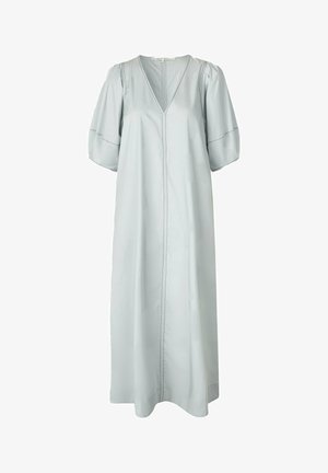 Helles graues Kleid aus glattem Stoff, mit einem V-Ausschnitt, puffierten kurzen Ärmeln und einer zentralen Nahtgestaltung.