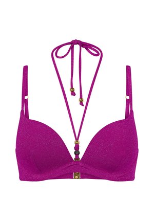 Paarse glinsterende bikini top met verstelbare schouderbandjes en halterneck, voorzien van gouden en zwarte kraalaccenten.