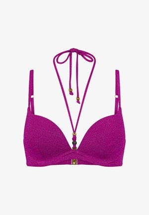 Paarse glinsterende bikini top met verstelbare schouderbandjes en halterneck, voorzien van gouden en zwarte kraalaccenten.
