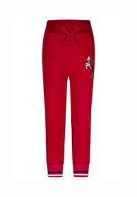 Rode sweatpants met een trekkoord in de taille, zijzakken en een zwart paardenprintdetail; afgewerkt met gestreepte boorden bij de enkels.