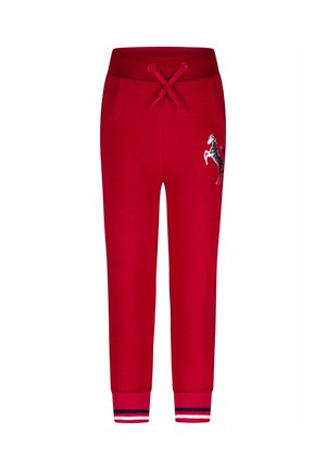 Rote Jogginghose mit Kordelzugbund, Seitentaschen und schwarzem Pferde-Logodetail; abgeschlossen mit gestreiften Bündchen an den Knöcheln.