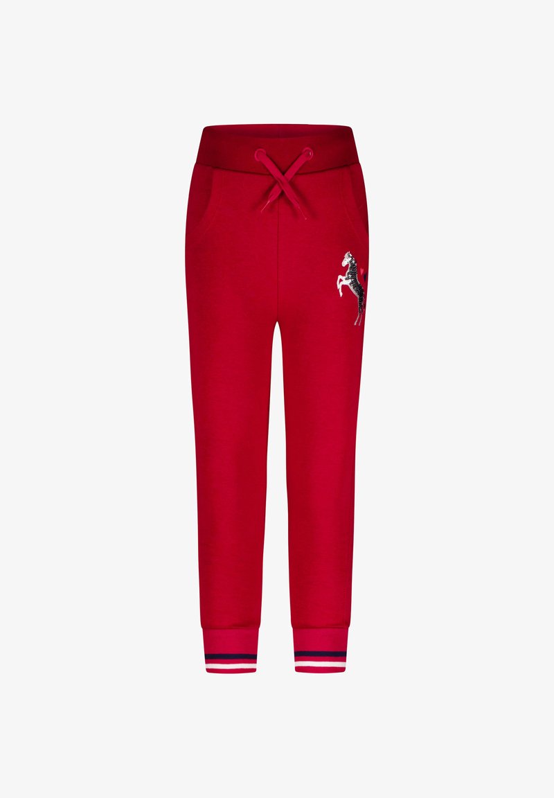 Rode sweatpants met een trekkoord in de taille, zijzakken en een zwart paardenprintdetail; afgewerkt met gestreepte boorden bij de enkels.