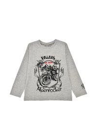 Graues Langarmshirt aus Baumwollmischung mit schwarzem Motorrad-Graphic, dem Schriftzug „Vollgas“ und „Alpenrocker“ in fetter Schrift. Normale Passform.