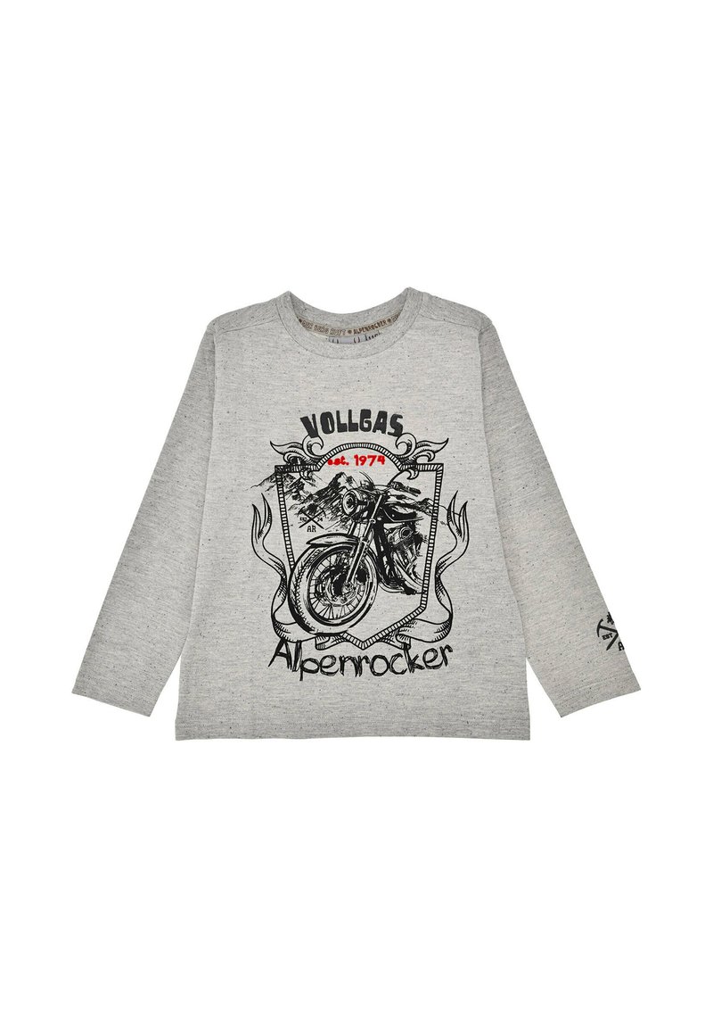 Graues Langarmshirt aus Baumwollmischung mit schwarzem Motorrad-Graphic, dem Schriftzug „Vollgas“ und „Alpenrocker“ in fetter Schrift. Normale Passform.