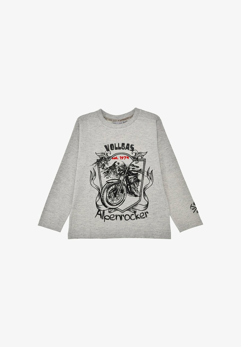 Graues Langarmshirt aus Baumwollmischung mit schwarzem Motorrad-Graphic, dem Schriftzug „Vollgas“ und „Alpenrocker“ in fetter Schrift. Normale Passform.