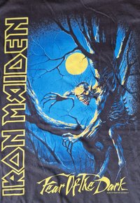 Sort t-shirt med et grafisk design af en monsteragtig skikkelse i et træ, med en blå baggrund og gul tekst: "IRON MAIDEN" og "Fear Of The Dark."