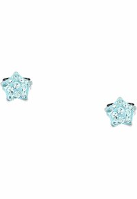 Orecchini a forma di stella realizzati in resina blu chiaro, decorati con numerosi strass trasparenti, con montatura in metallo color argento.